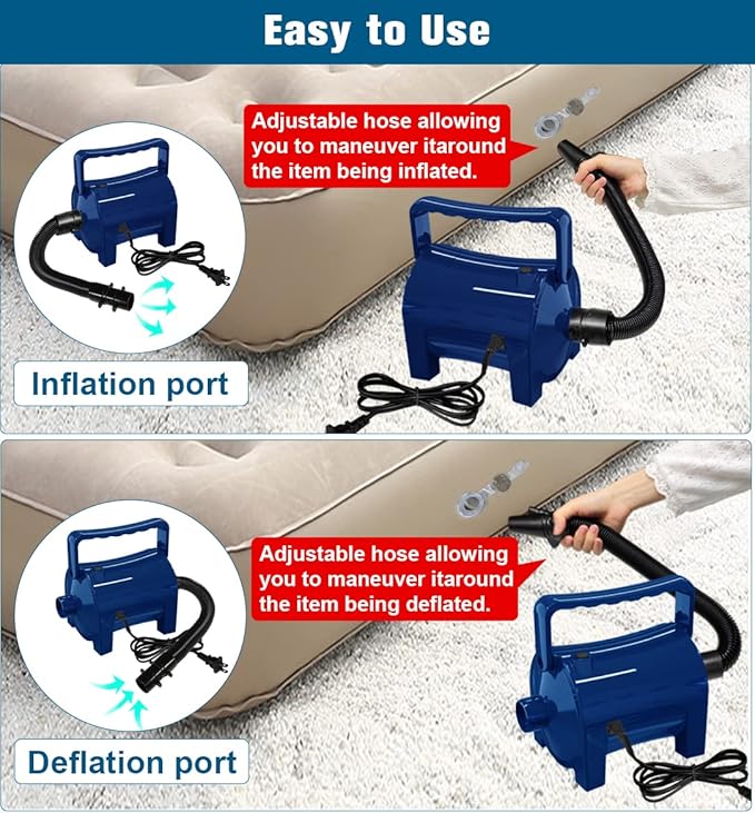 Electric Air Pump Portable 460W Quick-Fill Air Pump Air Flow 45CFM 2.1PSI with Hose 5 Nozzles 120V AC Inflator Deflator Pump for Air Mattress Air Bed Inflatable Cushion Boat Swimming Ring