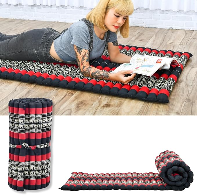 Leewadee - Foldable Floor Mattress - Japanese Roll Up Futon -Trifold Tatami Mat- Guest Floor Bed - Camping Mattress - Thai Massage Mat, Kapok Filled, 75 x 28 inches, Black Red