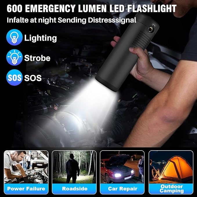 Tire Inflator Portable Air Compressor, 6X Cordless Air Pump for Car Tires with Pressure Gauge, Battery Power Bike Tire Pump, 150PSI Portable Tire Inflator for Car, Motorcycle, Bicycle, Ball