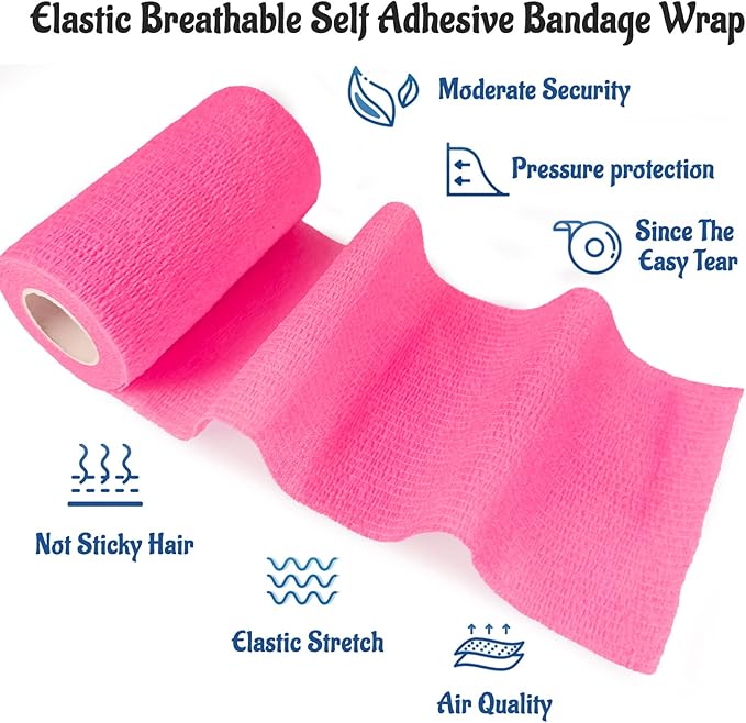 24 Pack Self Adhesive Bandage Wrap, 2” x 5 Yards Vet Wrap Cohesive Medical Tape Elastic Grip Tape Sports Tape Athletic for Ankle, Wrist Sprains, Pet (Pink, 4 Inch)