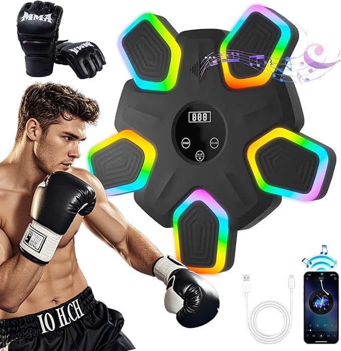 Music Boxing Machine, Intelligent Musical Punching Workout Trainer with 7 LED Color, Boxing Gloves, Smart Bluetooth, Agile Digital System and Wall-Mounted 2025 Newest Version