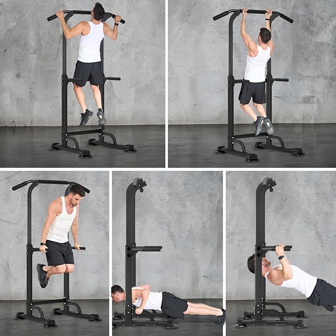 Dland Power Tower Pull Up Bar Dip Station and Height Adjustable Dip Bar Stand, Multi-Function Home Gym Exercise Equipment Strength Training Fitness Workout Station
