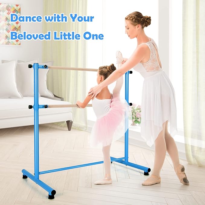 GOFLAME Double Ballet Barre Portable, 47” Freestanding Dancing Barre with 5 Adjustable Heights, Beech Wood Ballet Bar, Fitness Stretching Dancing Bar for Home, Gym, Dancing Room
