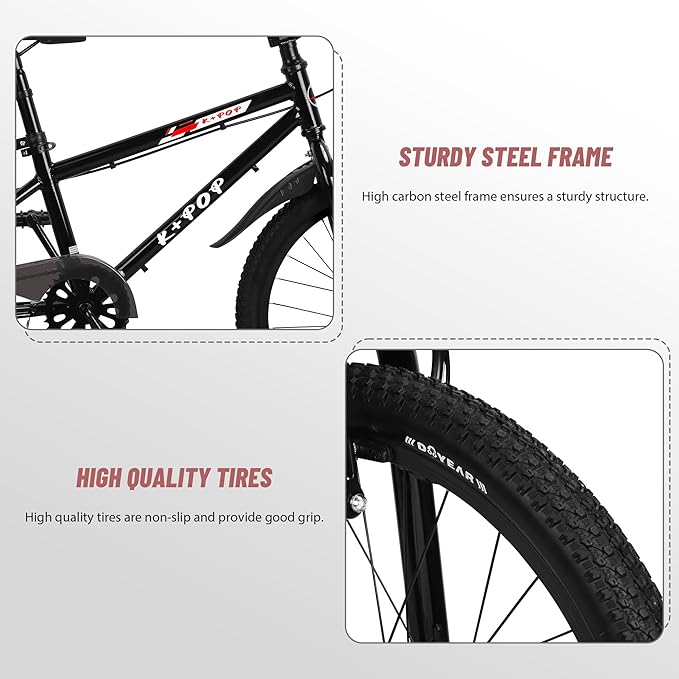 20 Inch Freestyle BMX Bike Bicycles, 20 Inch Boys Bikes Kid Bicycle for 7-12 Years Old Kid and Beginner Level Rider, Single Speed, Outdoor Cycling Bike Kids Mountain Bike, Multiple Colors