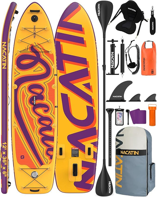 Inflatable Stand Up Paddle Board 12' with Kayak Seat & Dual Paddles – Premium SUP Board for Adults & Families Includes Kayak Conversion Kit, Pump, Leash & Accessories – Stable Wide Deck for Beginners