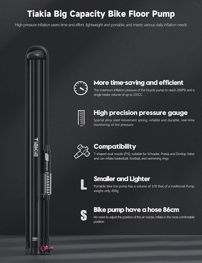 Tiakia Bike Pump with Gauge, High Pressure Bicycle Pump High Volume Portable Hand Air Pump Fit Presta, Schrader Valves Aluminum Bike Tire Pump for Mountain Road Bike, Strollers, Balls