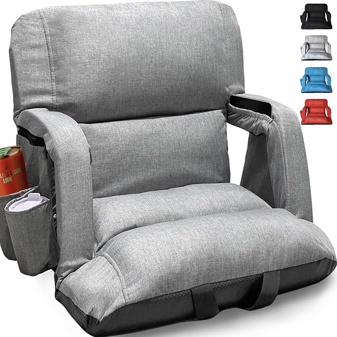 Wide Stadium Seats with Back Support, Exclusive Sofa Style Design Extra Thick Bleacher Chairs with Back and Cushion, 6 Reclining Positions - Ultimate Comfort for Sports Events (Grey, 22.5")