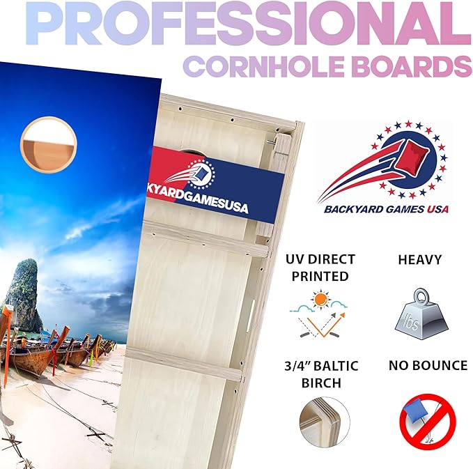 CornholeGamesUSA Pro Cornhole Boards Set | Made in USA | 3/4 Baltic Birch | No Bounce | Triple Thick Legs | Two Brace & Handles, Tournament 2x4 Regulation Set with Score Tower & Cornhole Bags