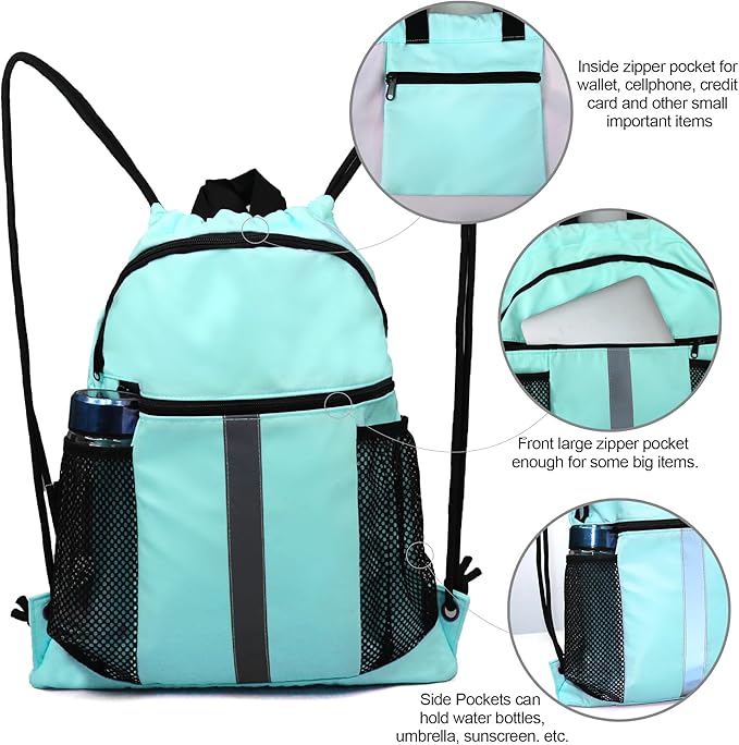 BeeGreen Drawstring Backpack Bag with Shoe Compartment, X-Large Black Gym Sports String Cinch Backpack