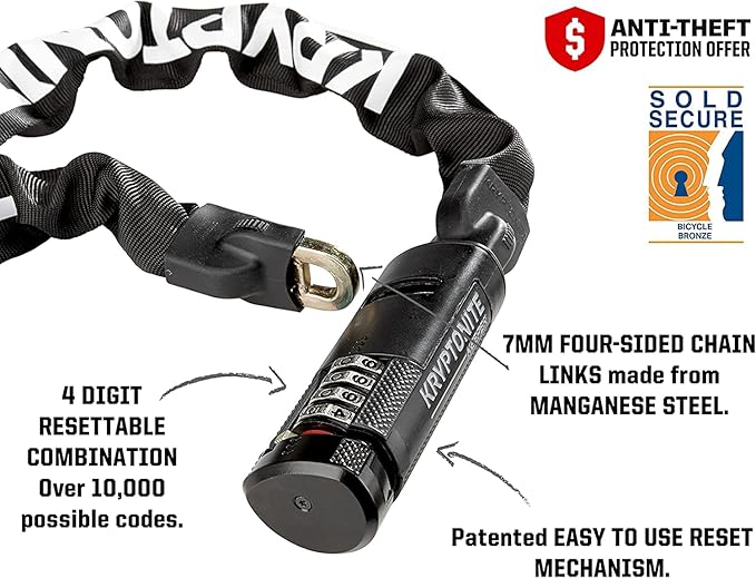 Kryptonite Keeper 712 Combo Bike Chain Lock, 4 Feet Long 7mm Steel Chain Heavy Duty Anti-Theft Bicycle Chain Lock, 4-Digit Resettable Combination Lock for E-Bike Scooter Road Mountain Bikes