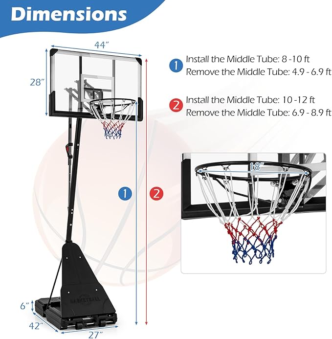 GYMAX Basketball Hoop, 4.9-10 FT Height Adjustable Basketball Goal with 44 Inch PC Backboard, Rebound Plate & Wheels for Kids Teens Adults, Portable Basketball Hoop for Indoor & Outdoor