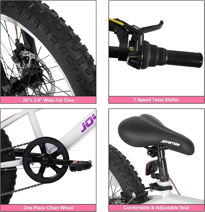 JOYSTAR 20 Inch Mountain Bike for Kids Ages 7-12 Year Old, 3-Inch Wide Knobby Tires, 7 Speed Shimano Drivetrain, Disc Brakes, Fat Tire Kids Bicycles for Boys Girls