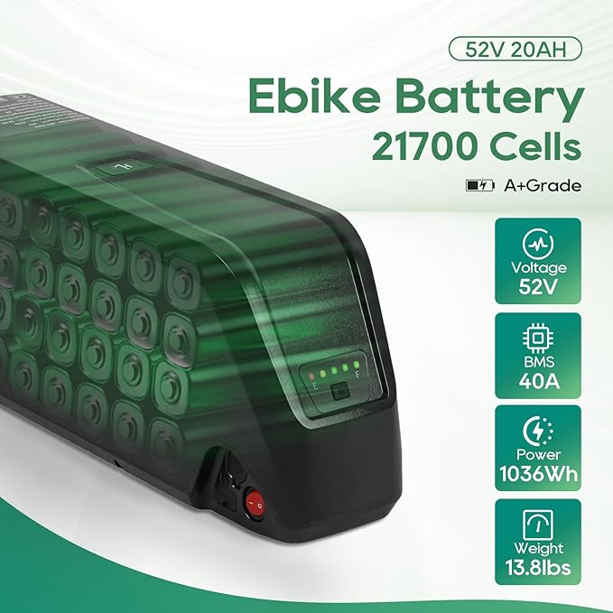 UAZ 36V 48V 52V Ebike Battery 4 Pin 10Ah 15Ah 20Ah Electric Bike Battery with 40A BMS Safe Lock, Led Indicator Light, for 200-1500W Motor Tricycle, Mountain Bicycle Batteries (52V20AH-4PIN)