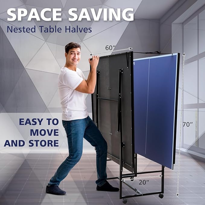 9”×5”MDF Indoor Table Tennis Table with Quick Clamp Ping Pong Net with Two Rackets and Three Balls，Foldable Single-Player Game