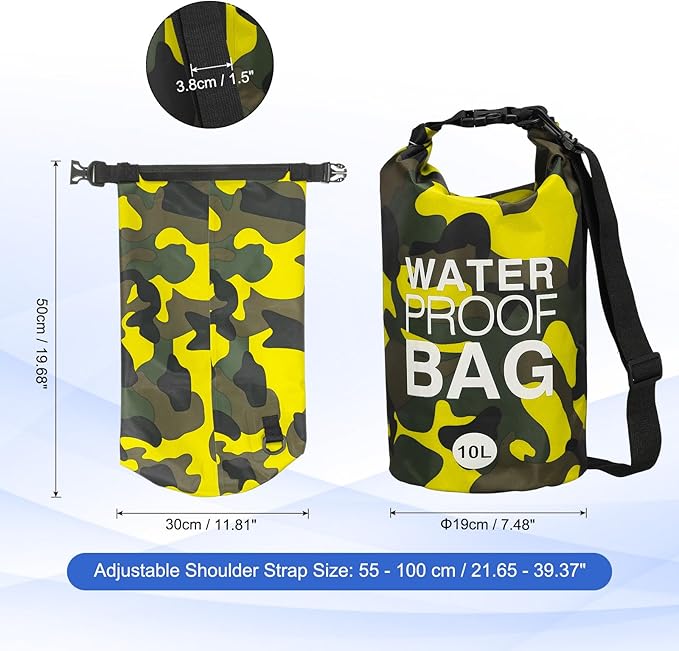 Waterproof Dry Bag, 10L Fit for Women Men Water Proof Bags Lightweight Dry Storage Floating Backpack with Whistle for Travel Boating Kayaking (Yellow Camouflage)