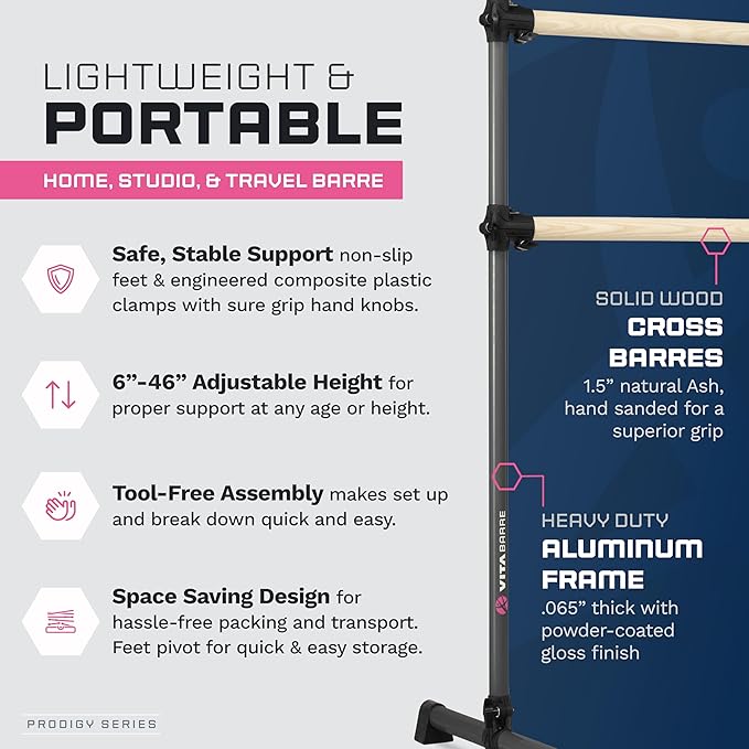 VITA Barre Portable Freestanding Double Ballet Barre, Prodigy, with Carry Bag | Adjustable Height, USA Made, Home or Gym Exercise Equipment for Kids & Adults | Dance, Fitness, Pilates
