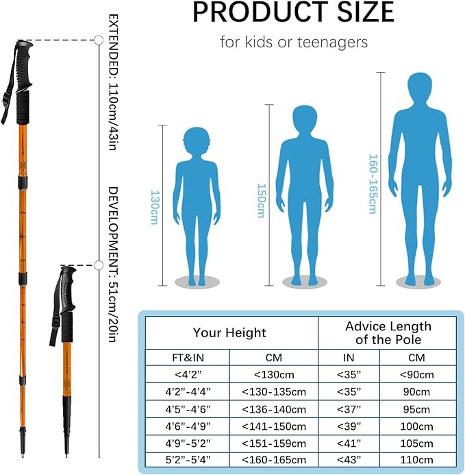2 Pack Hiking Poles for Junior, Nordic Walking Trekking Pole Hiking Sticks Lightweight Collapsible & Shock-Absorbent Aluminum with Quick Adjustable Locks for Youth & Women