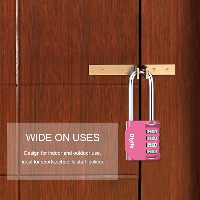 2.6 Inch Long Shackle Combination Lock, Diyife 4-Digit Outdoor Waterproof Padlock, Plated Steel Combination Clasp with High Security, Schools, Gyms & Lockers, Pink