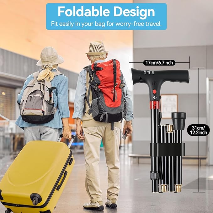 AGPTEK Folding Walking Cane for Women & Men, Adjustable Walking Stick with LED Light and Manual Alarm for Seniors & Adults, Heavy Duty Collapsible Cane with Quad & Tip Base