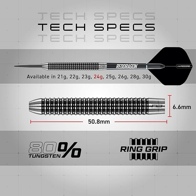 RED DRAGON Pegasus Professional Tungsten Steeltip Darts Set Available in 21, 23, 24, 25, 26, 28, 30 Gram with Flights, Stems (Shafts) and Wallet