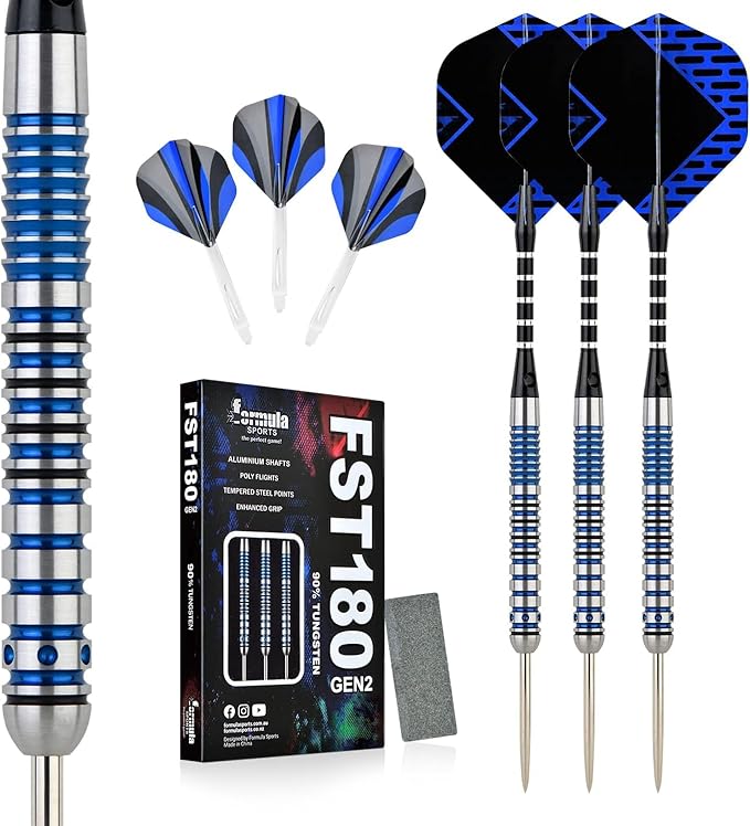 Formula Sports 90% Tungsten Steel Tip Darts Set - Professional Darts Metal Tip Set Available in 21g/22g/23g/24g, with Aluminum Shafts, Tungsten Barrels, Extra Flights, Sharpener, Carrying Case