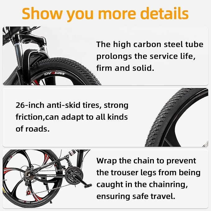 26 Inch Folding Mountain Bike with High Carbon Steel, 21 Speed City Bike with Dual Suspension, Folding Bicycle for Adults Men and Women
