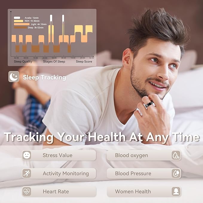 Health Smart Ring for Men Women, Fitness Tracker with Heart Rate/Blood Pressure/Blood Oxygen Monitor,Sleep Tracker,Pedometer, IP68 Waterproof Ring for iPhone&Android, No Subscription (Black, Size9）