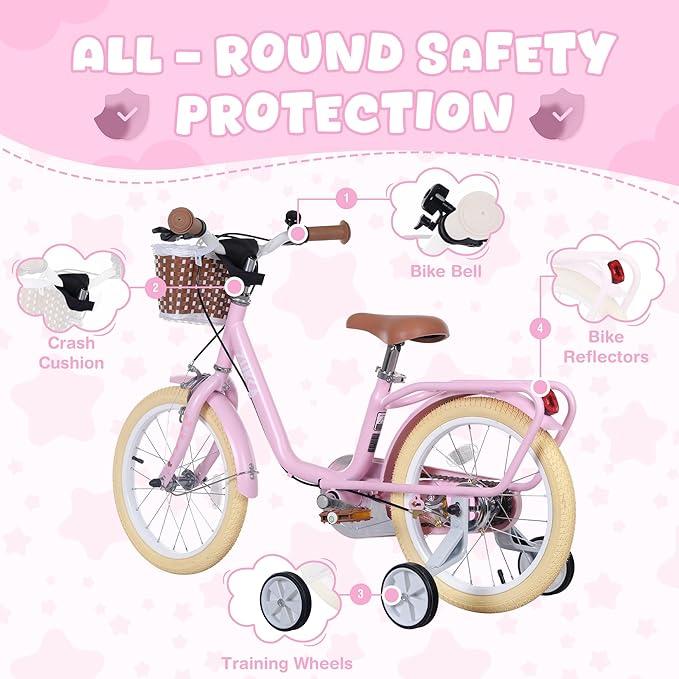 Kids Bike 16 inch Boys Girls Ages 4-7 Years Old Cruiser Bicycle with Woven Basket Single Speed for Youth Caliper Brake Band Brake Rear Rack Included Multiple Colors