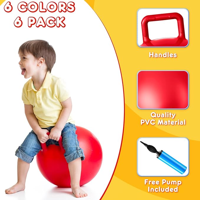 Lewtemi 6 Pcs Hopper Ball Carnival Outdoor Games 15 Inch Jumping Hopping Inflatable Bouncing Ball with Handle and Air Pump for Kids Sport Exercise (Red, Blue, Green, Pink, Yellow, Purple)
