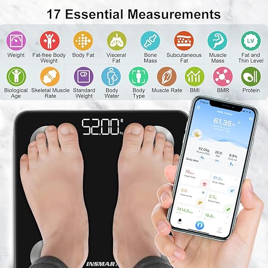 INSMART Smart Scale for Body Weight, Digital Bathroom Scale with BMI, Muscle Mass, Bluetooth Body Fat Scale,17 Body Composition Analyzer with Smart APP Sync Weight Scale, 400 lbs - Black