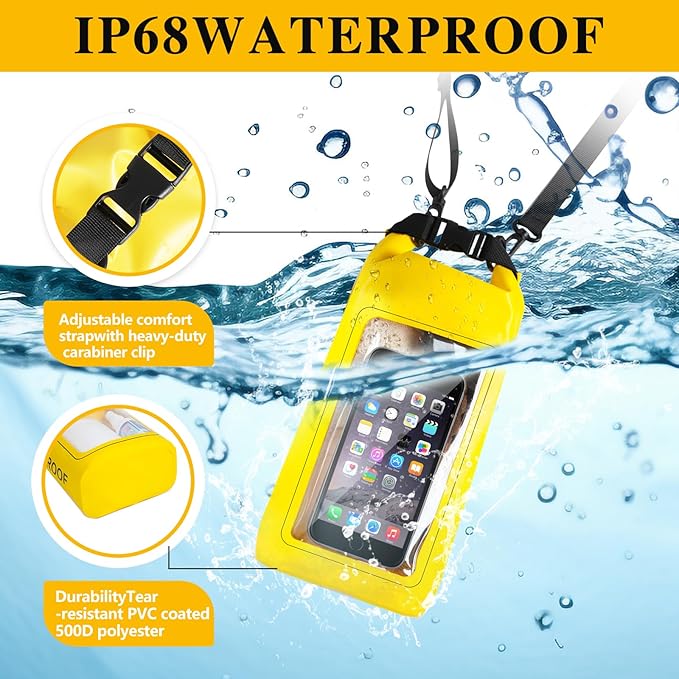 IP68 Waterproof Dry Bag, 2L - Roll Top Waterproof Pool Bag，Dry Bags for Kayaking Waterproof-w/Phone Pouch,Large Waterproof Phone Pouch,Boating & Kayak Accessories Camping (Yellow)