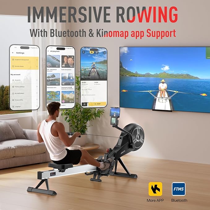 Rowing Machine for Home JOROTO Air Magnetic Rowing Machines for Home Foldable with 49.5" Rail, Backlit Monitor, Bluetooth, App Supported, Tablet Holder Rower Machine