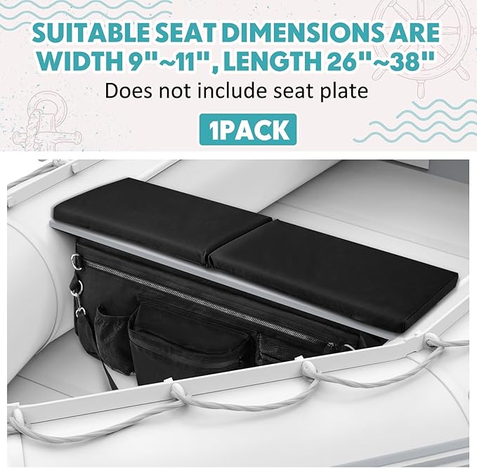 35 x 14 Inch Dinghy Boat Seat Cushion and Underseat Storage Bag with Pockets Black Thick Sponge Seat Bench Cushion for Inflatable Boat Water Resistant Outdoor