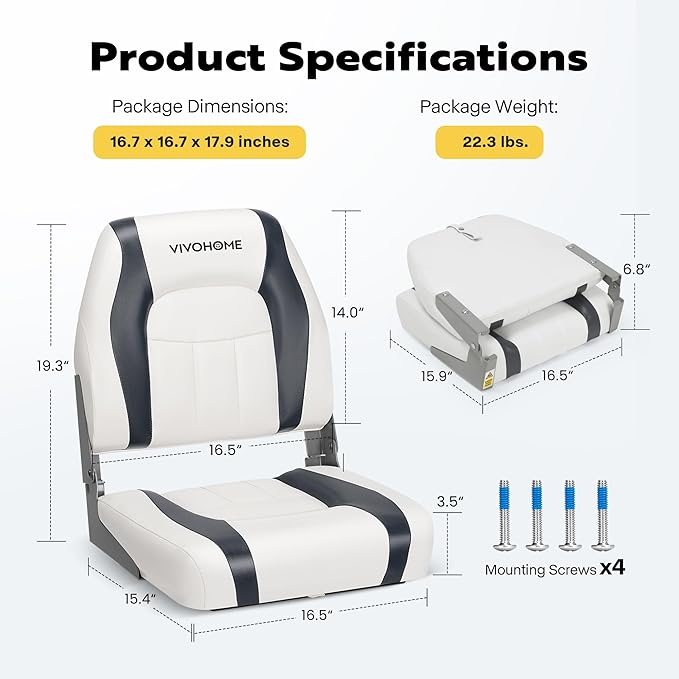 VIVOHOME Folding Low Back Boat Seats 2 Pack, Waterproof Boat Captain Chairs, 4 Mounting Screws Included, White and Gray