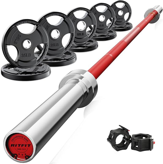 RitFit Barbell Weight Set - 4/6FT Olympic Barbell with Weight Plates (55-275LB Total) - Weightlifting Equipment for Squats, Curls, Deadlifts, Presses, Hip Thrusts