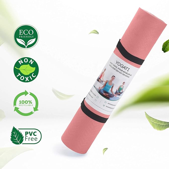 YOGATI® Non Slip Yoga Mat with Alignment Lines. Home Workout Mat for Women, Men and Kids. Thick Yoga Mats with Strap for Pilates and Fitness.