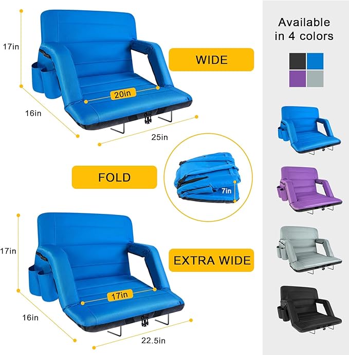 Stadium Seats with Back Support Wide, Exclusive Bleacher Chairs with Back and Cushion Folding Stadium Chairs, 6 Reclining Positions Waterproof Bleacher Seats with 2 Hooks (Wide|22.5" Blue)