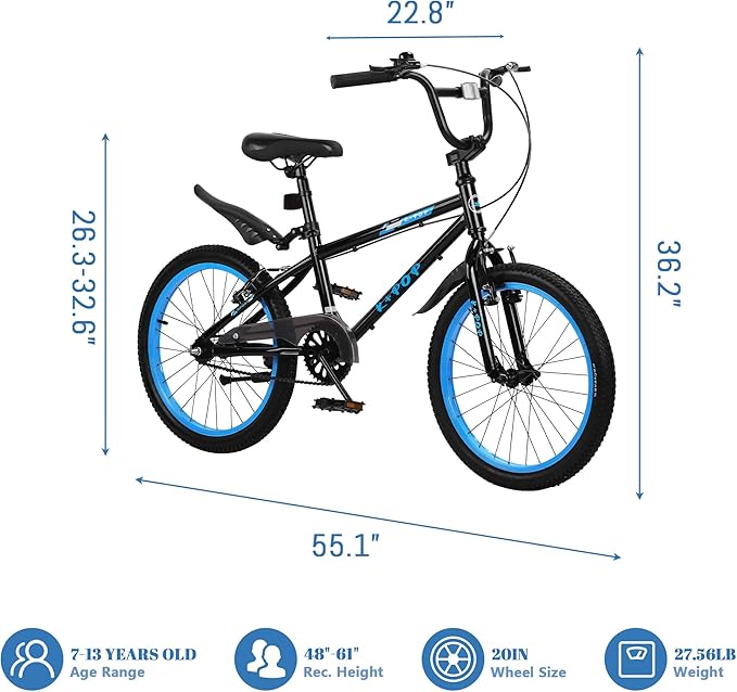 20 Inch Freestyle BMX Bike Bicycles, 20 Inch Boys Bikes Kid Bicycle for 7-12 Years Old Kid and Beginner Level Rider, Single Speed, Outdoor Cycling Bike Kids Mountain Bike, Multiple Colors