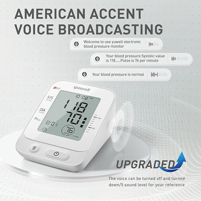 yuwell Blood Pressure Monitor, Large Upper Arm Blood Pressure Cuff, Digital Blood Pressure Machine for Home Use, Large Display, Stores 99 Readings, Voice Broadcasting with Power Adapter and Batteries