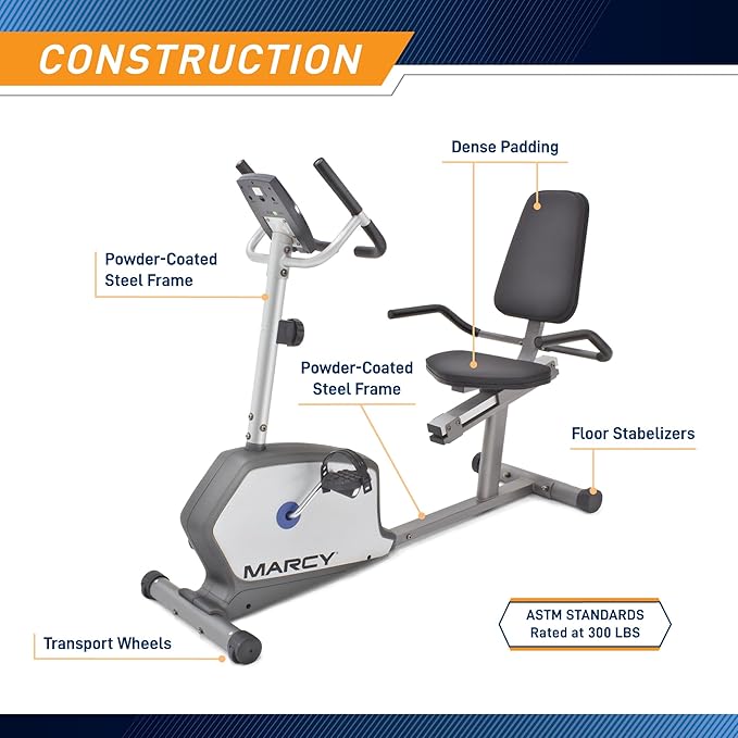 Marcy Recumbent Exercise Bike with Adjustable Seat and 8 Resistance Levels, 300 Pound Capacity NS-1201R