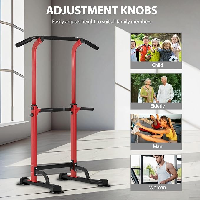 Dland Power Tower Pull Up Bar Dip Station and Height Adjustable Dip Bar Stand, Multi-Function Home Gym Exercise Equipment Strength Training Fitness Workout Station