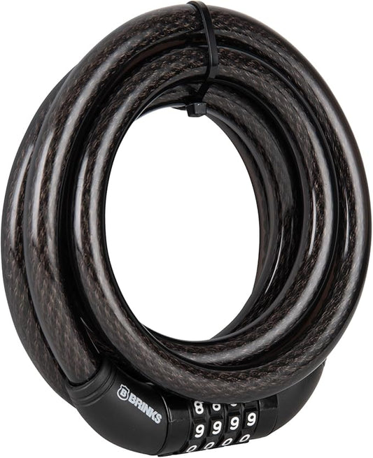 BRINKS 6 ft Outdoor Heavy Duty Bike Lock Cable, Thick, Anti Theft Self-Coiling Design, Resettable 4-Dial Combination, 5/8" Weather-Resistant Vinyl Coating for Bikes