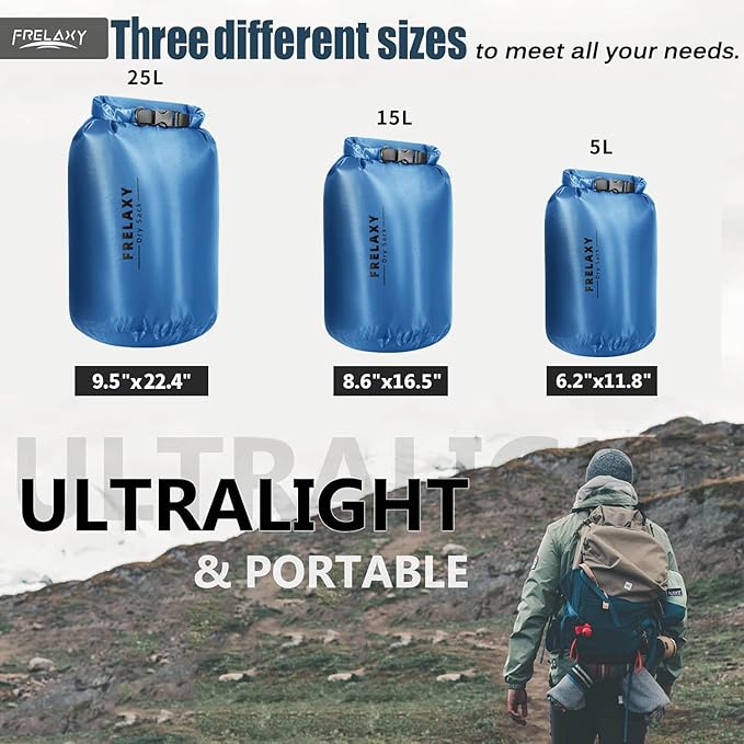 Frelaxy Waterproof Dry Bag 2 Pack/3 Pack, Lightweight Portable Dry Bags, 5L & 15L & 25L Durable Dry Sack Set Keep Gear Dry for Hiking, Camping, Boating, Backpacking, Kayaking (3 Pack - Blue)