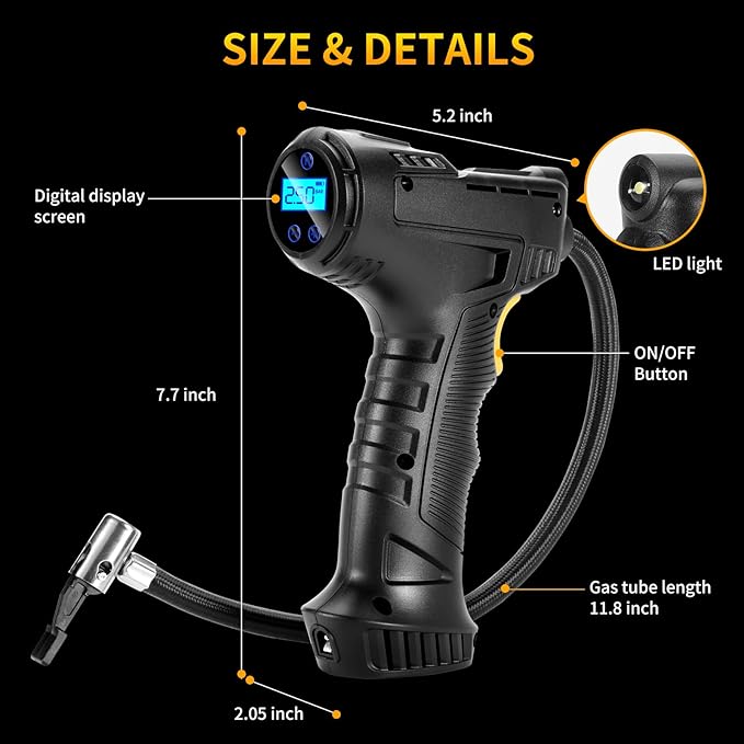 Digital Tire Inflator with LED Flashlight,150PSI Portable Air Compressor for Car Tires,12V Auto Pump for Cars, Motorcycles, Bikes, and Sports Balls