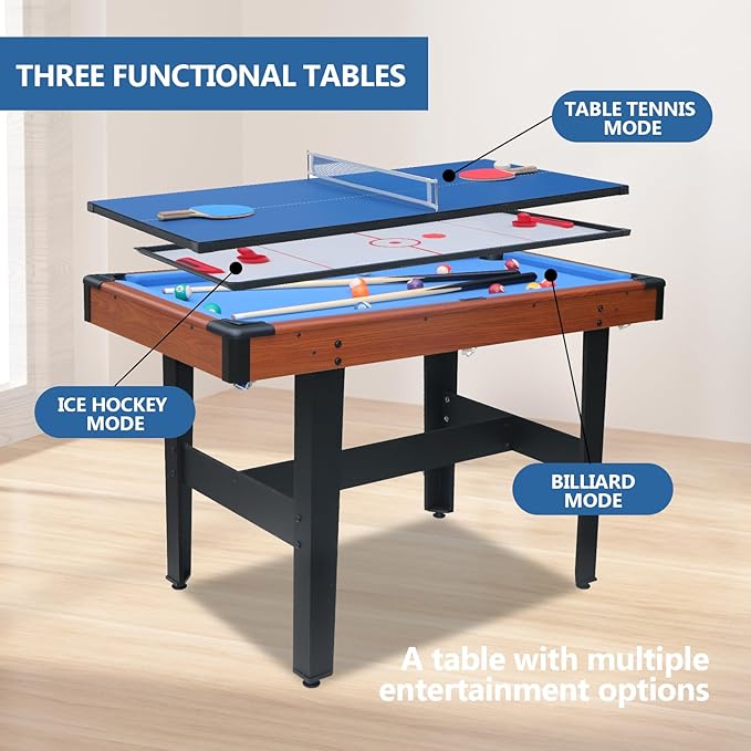 48 Inch Pool Table, Ping Pong Table & Ice Hockey Combo, 3-in-1 Multi Game Table with All Accessories, Sturdy Locking Legs, Outdoor or Indoor