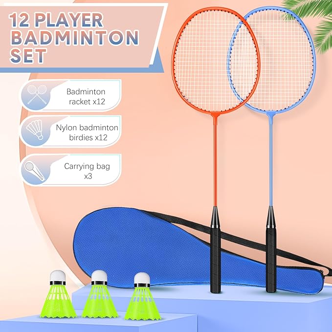 12 Pack Badminton Rackets Set Including Rackets, Nylon Shuttlecocks and Carry Bag for Outdoor Backyard Games Beginners