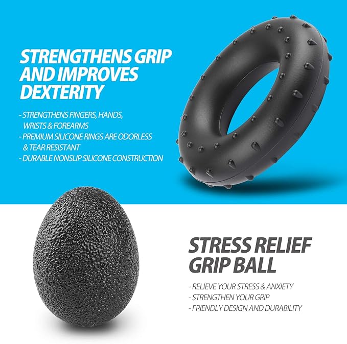 NIYIKOW Grip Strength Trainer Kit With Counter (5 Pack) - Adjustable Hand Strengthener, Counting Strength, Finger Trainer, Exerciser, Ring & Stress Relief Ball With Carry Bag