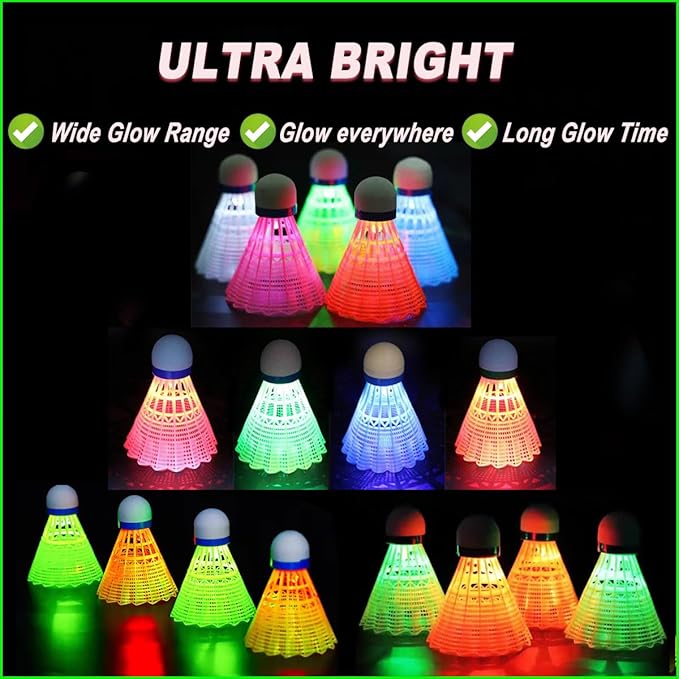 LED Badminton Birdies 4/5/6 PCS,Nylon Glow in The Dark Badminton Shuttlecocks,Goose Feather Colourful Lighting Birdies, Plastic Light Up Birdie Balls for Indoor Outdoor Sports Activities