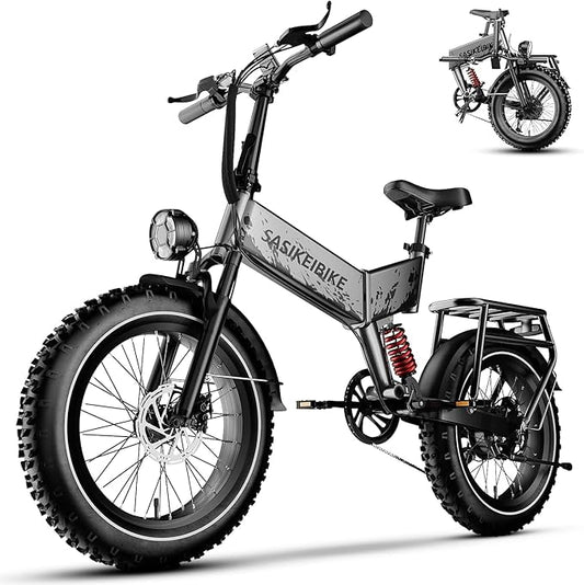1500W Folding Electric Bike for Adults, 52V 20AH Large Removable Battery E Bike, 30+MPH, 80 Miles Max Range, 20" x4.0 Fat Tire Ebike, Dual Suspension Commute Electric Mountain Bicycle
