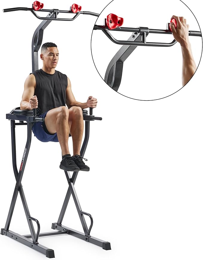 Sunny Health & Fitness Power Tower, Dip Bar, Push-Up & Pull Up Assisting Parallette Station w Optional Rock Climbing Grip Trainer